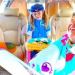 Nastya pretends to be a flight attendant for dad on the plane. Story for kids.